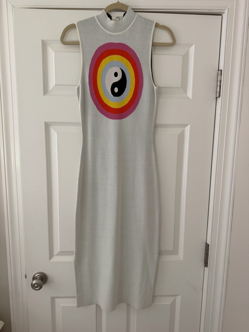 Staud Caroline Midi Knit Yin Yang Graphic Dress in White